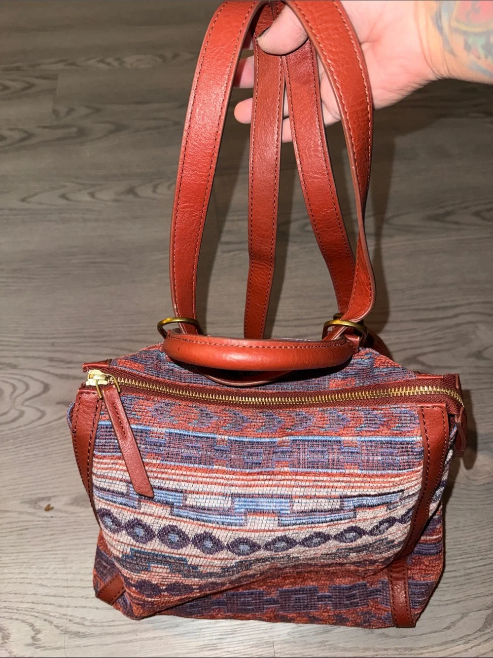 Woven Pattern Orange Multi Backpack with Faux Leather Trim